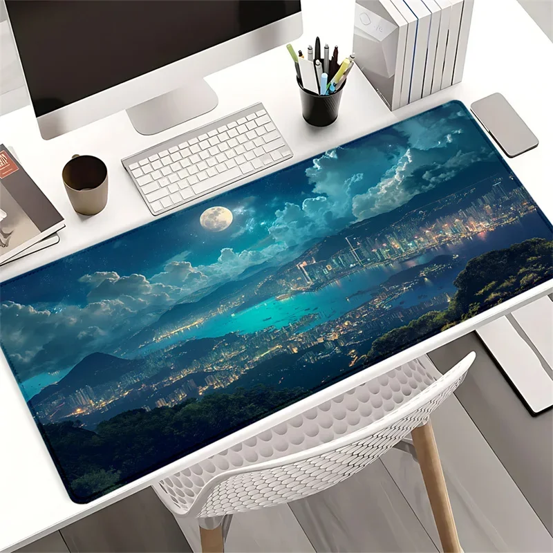 Large Mouse Pad 900x400MM Japanese City Night Moonlit gaming Desk Mat Rubber desk pad Home Office game Stitched Edges Non-Slip