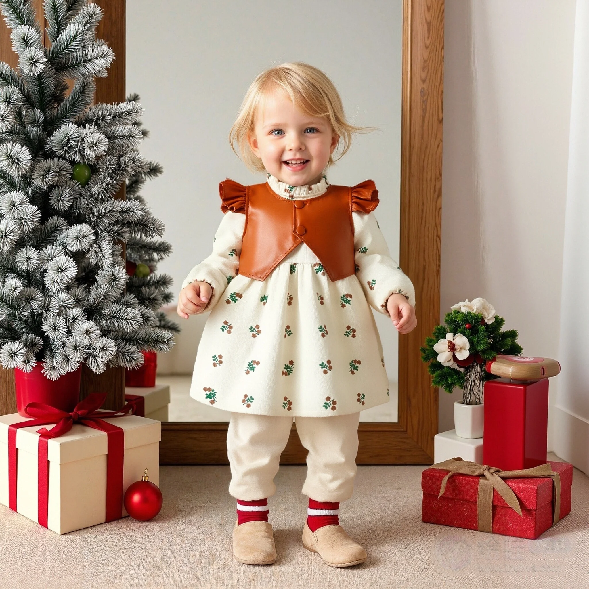 ملابس طفلة الربيع والخريف سترة جلدية جديدة التصحيح تنورة طفلة مطبوعة تنورة طويلة الأكمام عادية #1