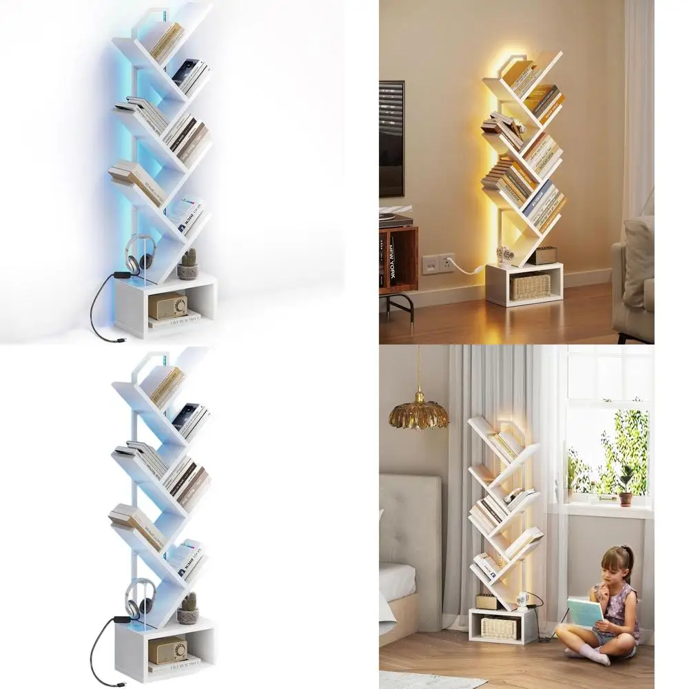 

6-Tier LED-Illuminated Steel and Wood Bookshelf, Slim Floor Standing Organizer for Home Decor in Living Room, Bedroom, or Office