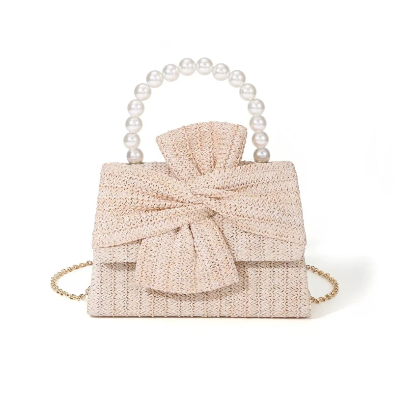 

Designer Pearl Handle Fashion Straw Bags Summer New Versatile Bow Cross Knot Woven Hand Bags Women's Fashion Square Outdoor Bags