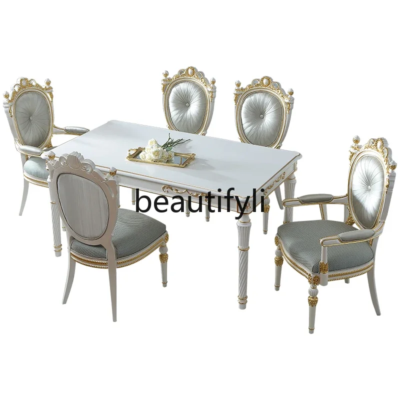 

French retro dining table and chair combination beech 1.8M simple gold-painted European light luxury solid wood dining table