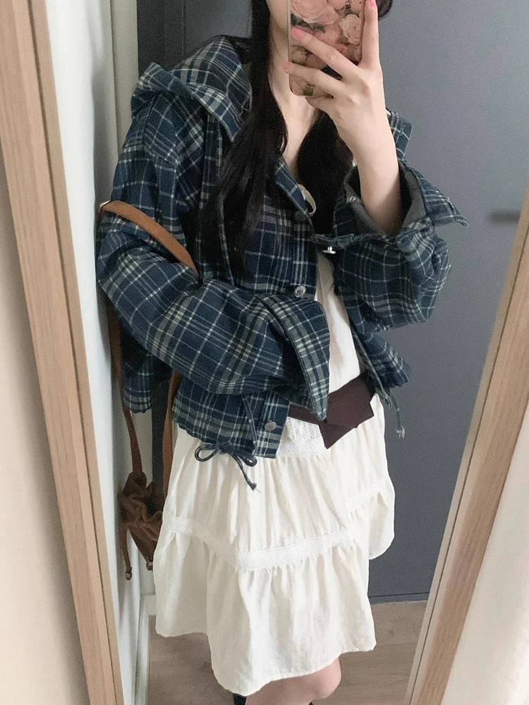 Chic Autumnal Plaid ort Denim Jaet Women's Casual Versatile Loose Fit Dstring Hooded Coat Commuter Sle Faionable