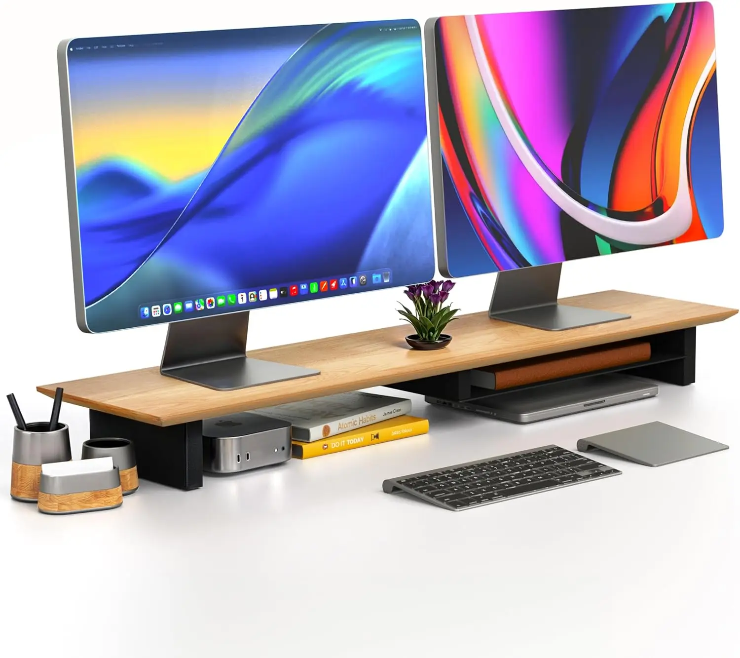 

Solid Wood Dual Monitor Stand Riser, 43" Oak Desk Shelf for 2 Monitors with Tray & Wool Felt, Desktop Organizer