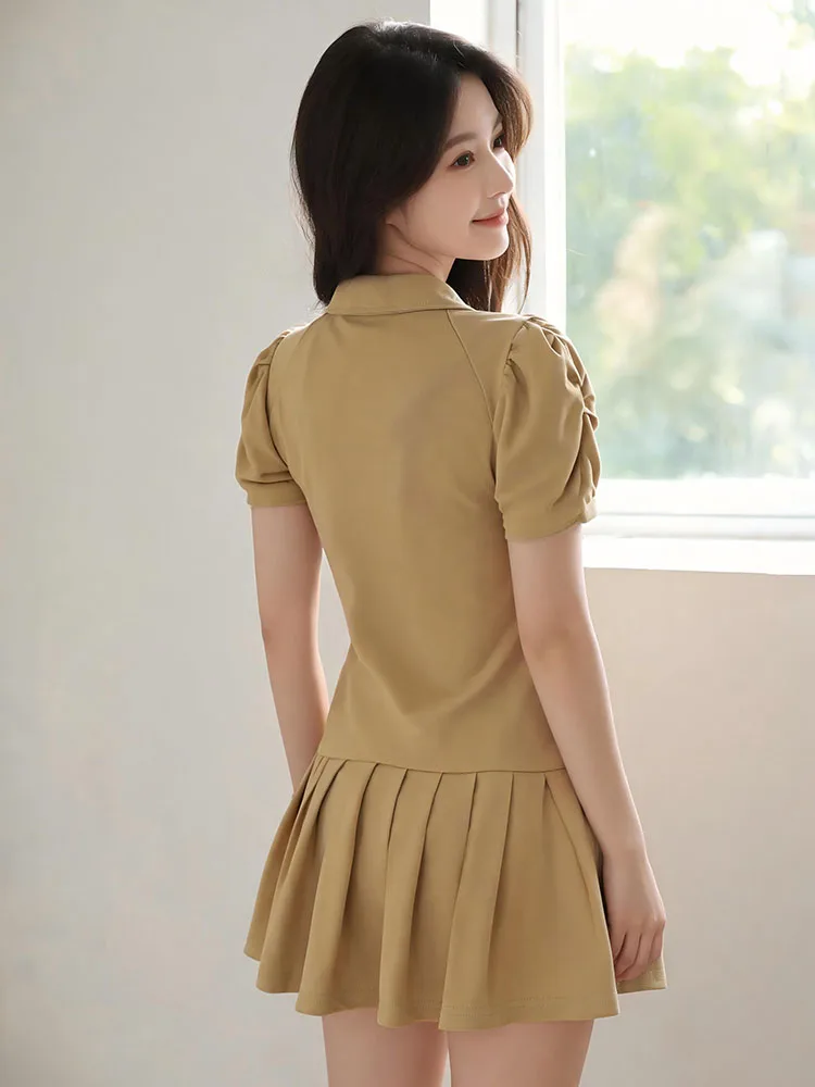 

College style Polo collar mini dress short sleeved waist cinched pleated hem tennis skirt summer casual A-line short skirt