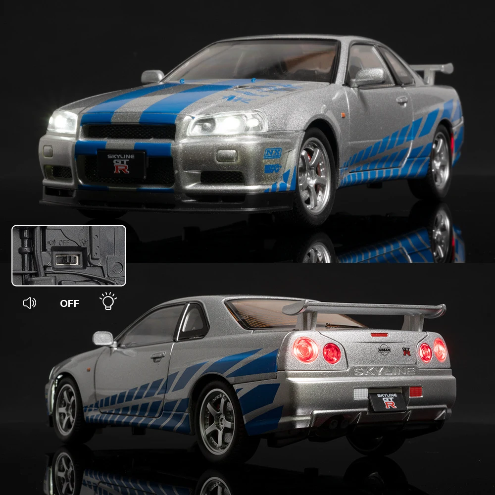 1:24 Nissan Skyline GTR R34 Fast and Furious Scale Model Car Alloy Miniature Car Diecast Metal Sound＆Light Children Toy Car Gift