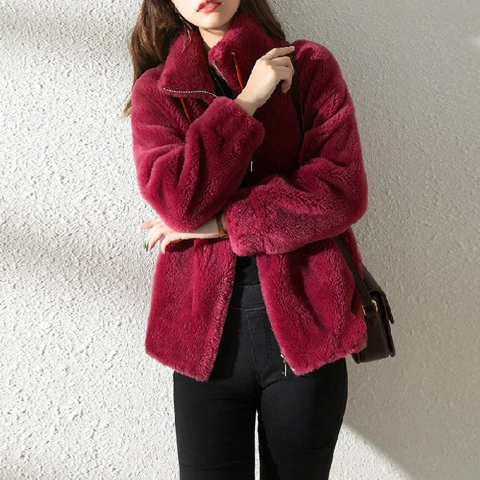 เบาะ Coat Stand-Collar Double-Faced ขนแกะเสื้อคู่เสื้อขนแกะผู้หญิงฤดูหนาวสีทึบผ้าฟลีซความร้อนคู่-ด้านข้าง
