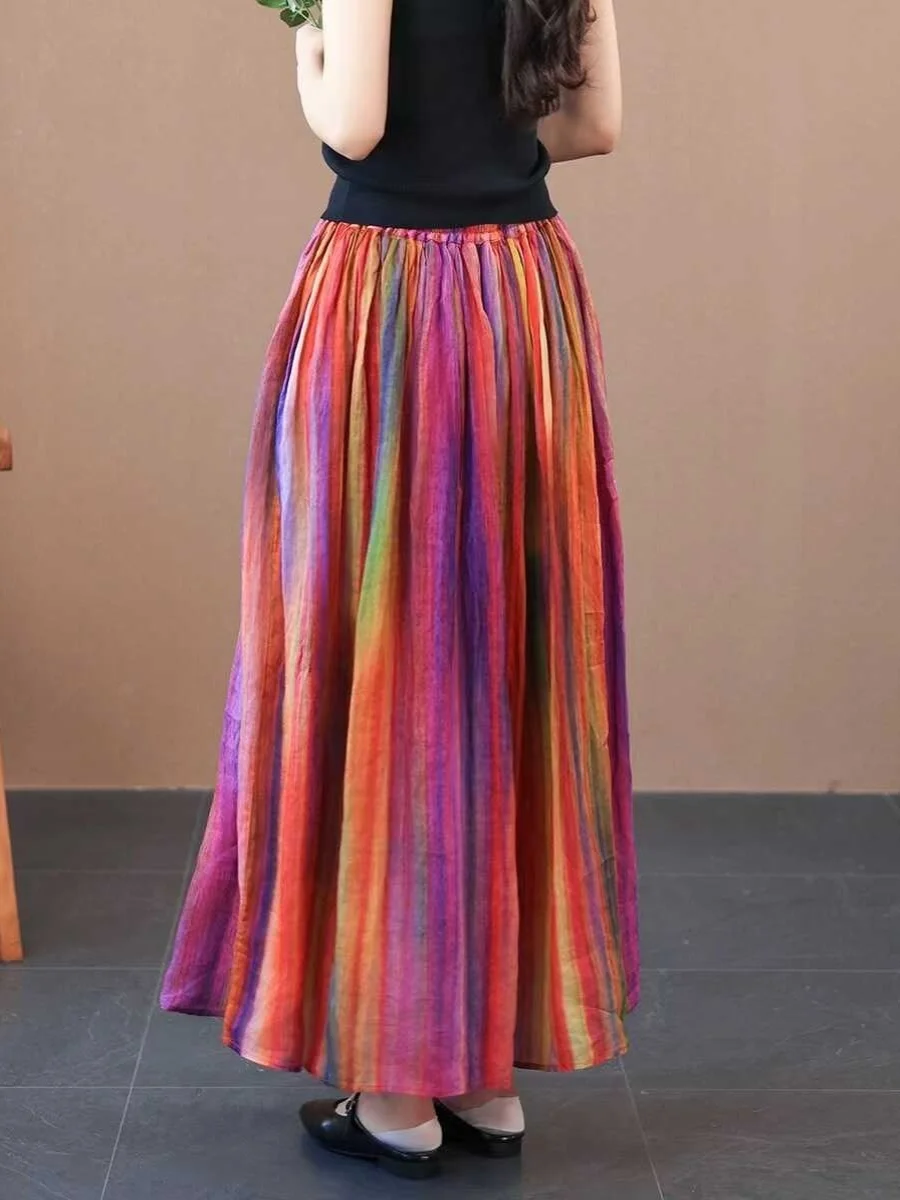 

Retro High Waist Rainbow Stripe Elastic Waist Belted Flattering Midi Skirt Women Summer 2025 New Sle A-Line Skirt