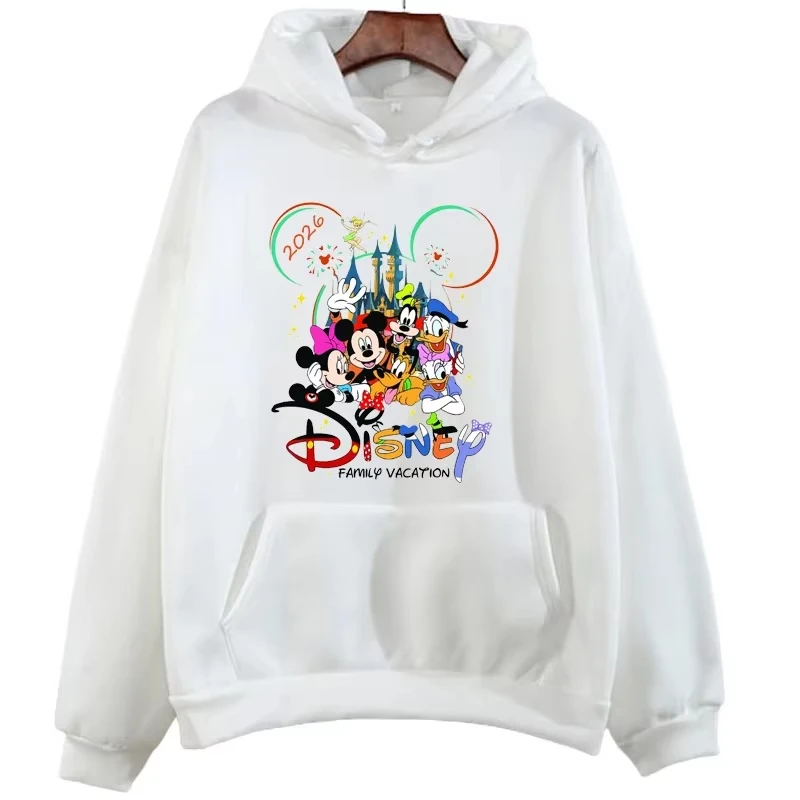 디즈니 만화 2026 가족 여행 프린트 후드티 가족 휴가 스웨트셔츠 가을 여성 캐주얼 오넥 스트리트웨어 풀오버 탑