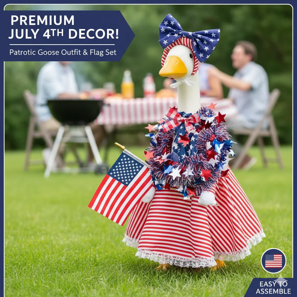 Porch Goose American Independence Day Decoration Costume, Garden White Goose Decoration, Flag Ribbon Bow Decoration