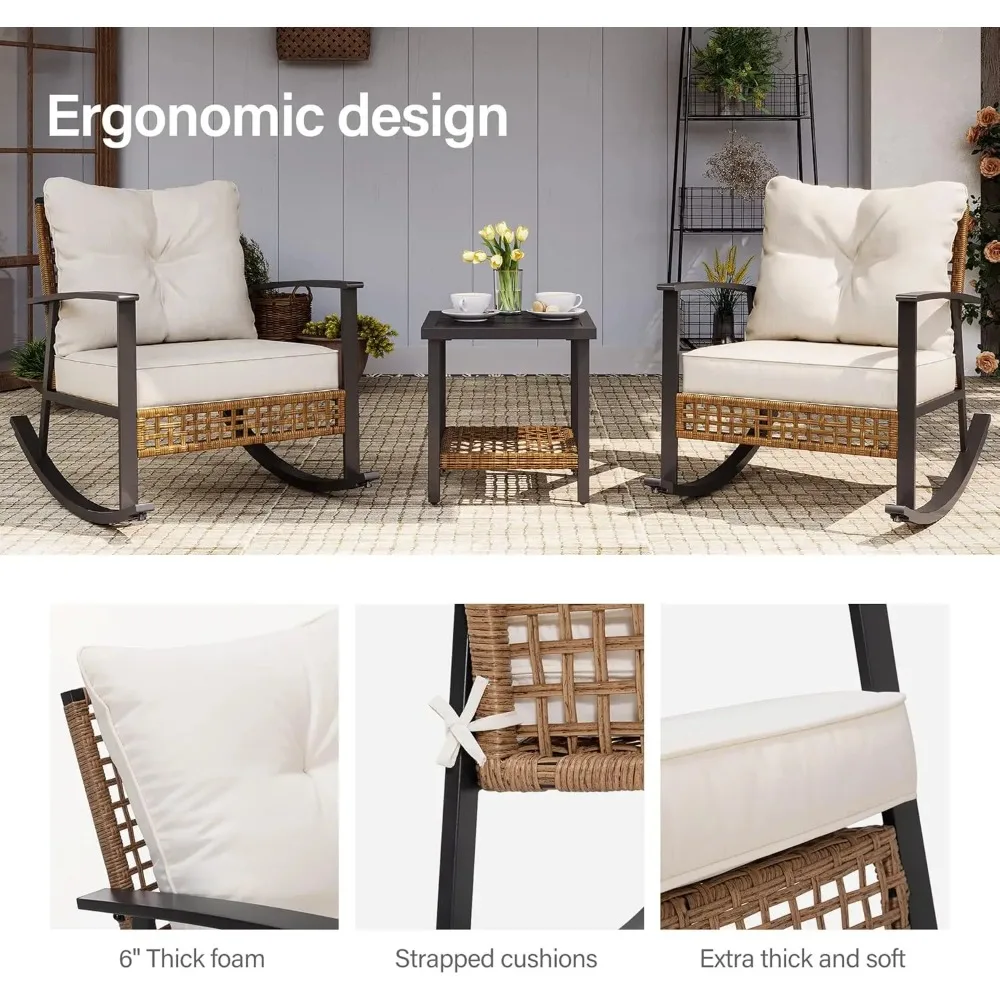 3 Pieces Rocking Bistro Set, Outdoor Patio Furniture Set Oversize Rattan Conversation Sets for Garden, Balcony, Backyard (Beige)