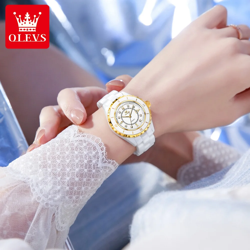 ساعات OLEVS كاجوال تريند للنساء بحزام سيراميك أبيض نقي من أفضل العلامات التجارية الأصلية ساعة يد كوارتز مقاومة للماء وتاريخ مضيء 5658 #3
