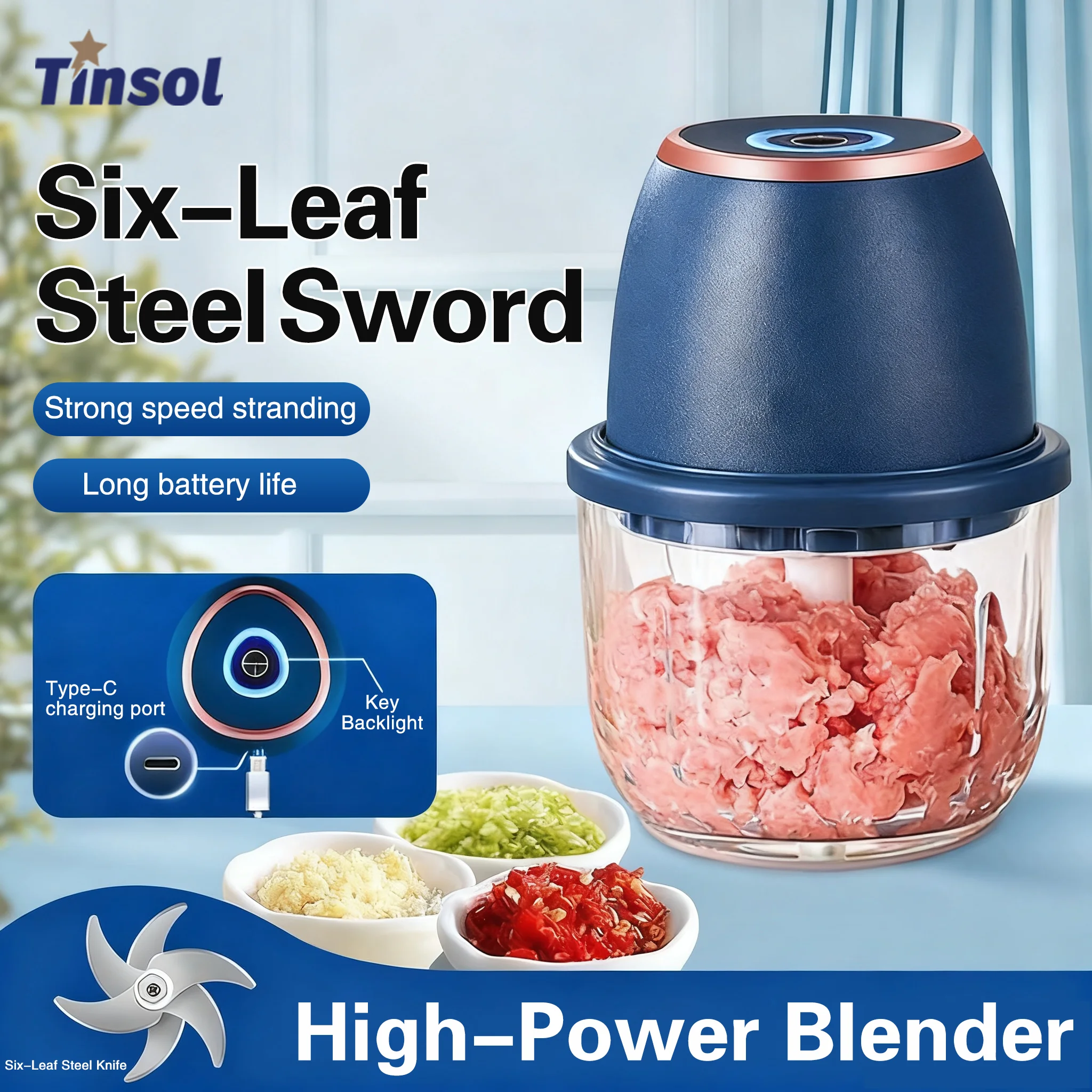 TINSOL 350ML Electric Meat Grinder Food Chopper Garlic Masher USB Multi-Function Vegetable Slicer Blender Kitchen Mixer