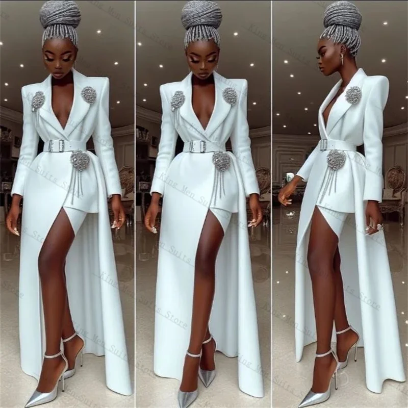 

Crystals Long Women Suit Skirt Set 2 Piece Long Blazer+Short Prom Dress Customized Autumn Formal Wedding Tuxedos Party Coat