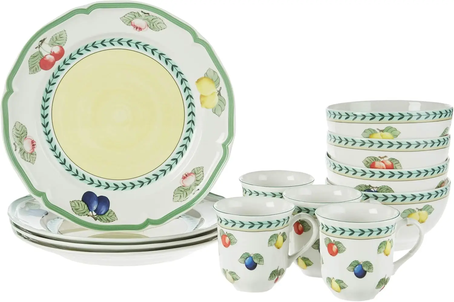 Garden 12-Piece Dinnerware Set, Service for 4, Plates, Bowls & Mugs, Premium Porcelain,