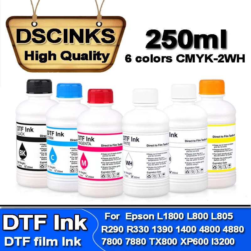 6PCS*250ML DTF ink kit for direct transfer film for PET film DTF ink all desktop & large format DTF printer 1BK 1C 1M 1Y 2WH