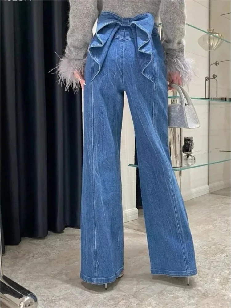 

Sweet Bow Patchwork Women Blue Jeans Y2K Vintage High Waist Korean Loose Straight Denim Trousers Summer Baggy Casual Pants