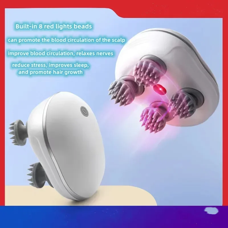 

Инфракрасный массажер для кожи головы с 4 разминающими массажными головками, массажер для головы и тела для роста волос, стресса, расслабление, красный свет, питает волосы