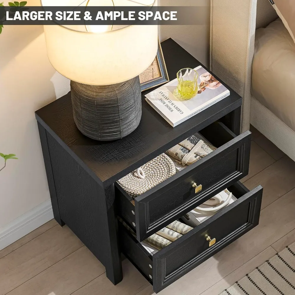 منضدة سوداء ريفية ذات درجين مع مقابض معدنية ذهبية لغرف النوم على طراز المزرعة