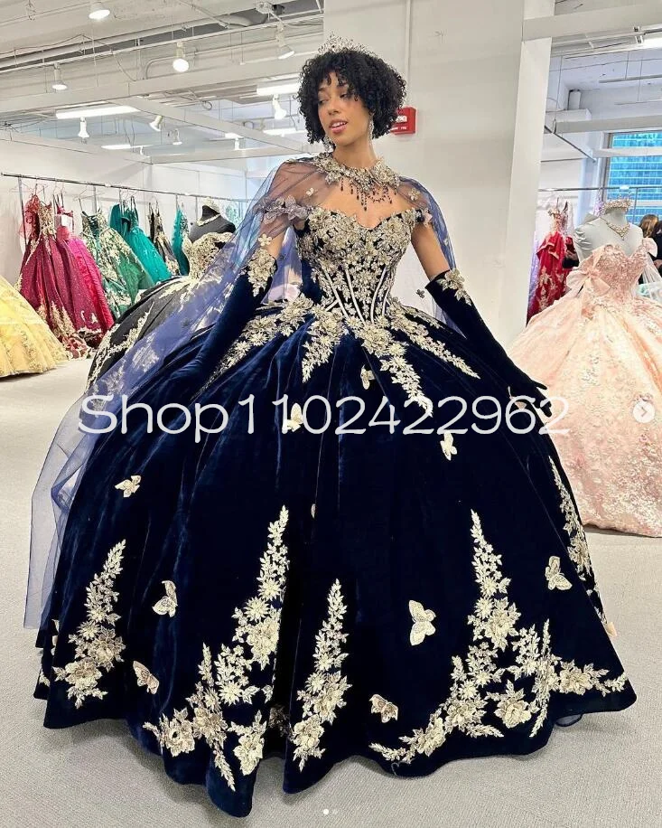 Navy Blue Velvet Quinceanera Dresses with Cape Gillter Floral Applique Butterfly Boning Corset Formal bestidos para 15 años