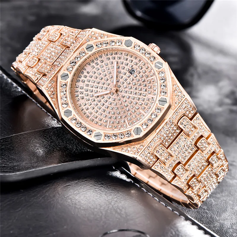 Cool Diamond Brand Watches For Men Montre Fashion Alloy Band Hip Hop Golden Gifts Date Quartz Clock Relogio Masculino Ouro 2023