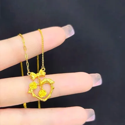 

High-quality pure gold 24K heart-beating rose necklace AU750 bow 999 set chain gift for girlfriend jewelry