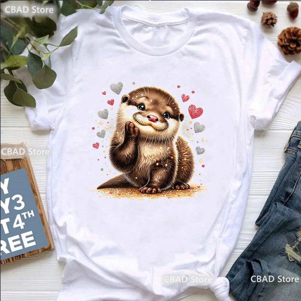 Glitter Otter Love Animal Printed Tshirt Girls Summer Fashion T Shirt Harajuku Kawaii Clothes Tops Casual T-Shirt Female