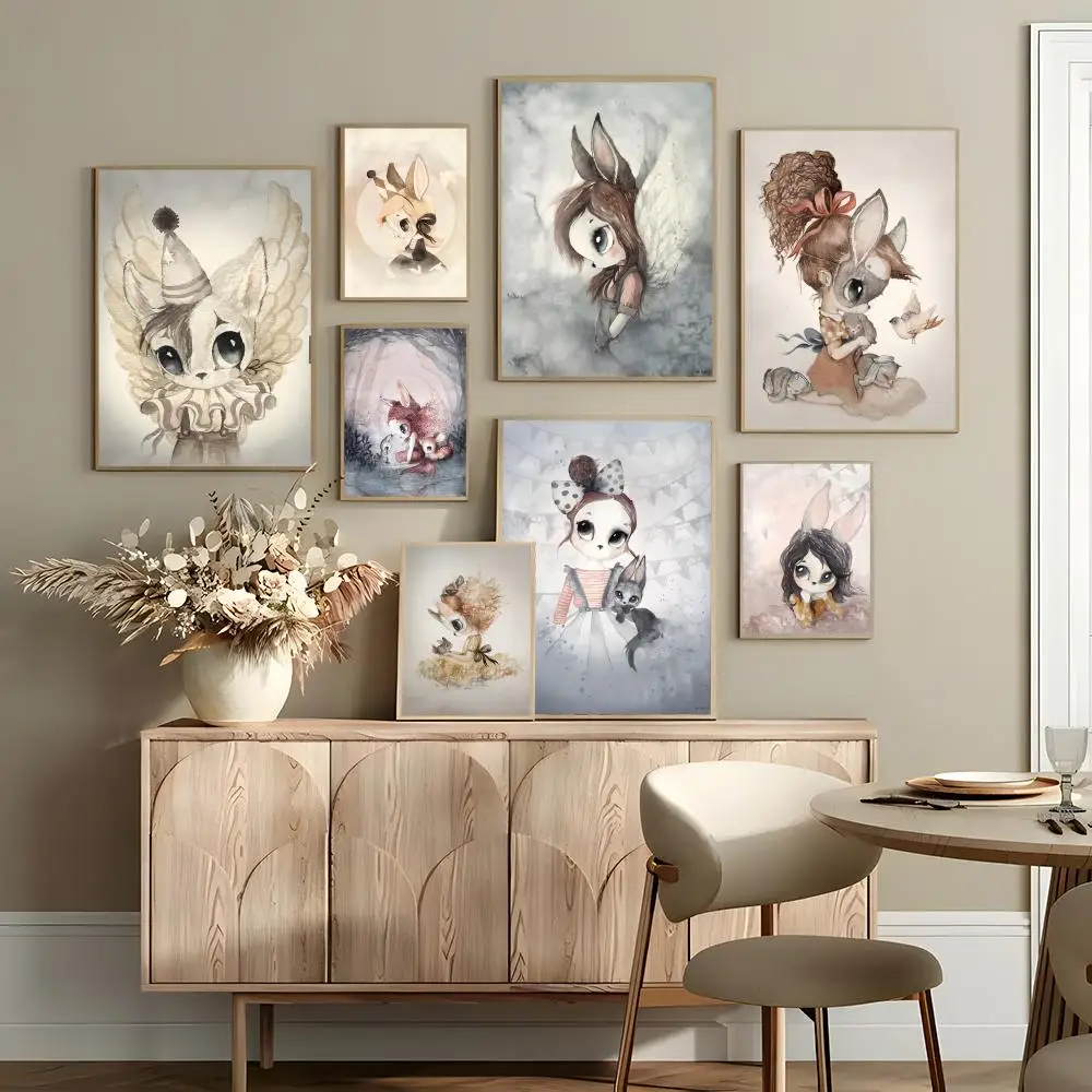 Cute Beige Rabbit Girl Poster HD Art Mural Wallart Waterproof Vintage Print Decor for Home Decoration DIY Durable