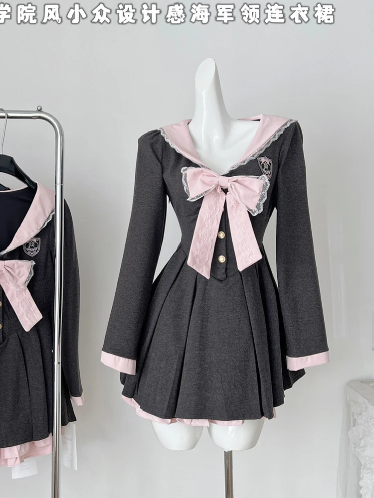 Women College Preppy Mini Sailor Collar Dress Korean Shoujo Girl Frock Long Sleeve One-Piece 2000s Sweet Japanese Y2k Bow JK New