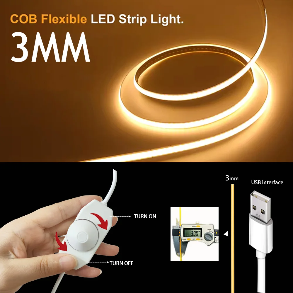 

3mm COB Strip Light with Adjustable Color Temperature Warm/White & Dimmable Brightness Knob Switch for TV Backlight, Cabinets
