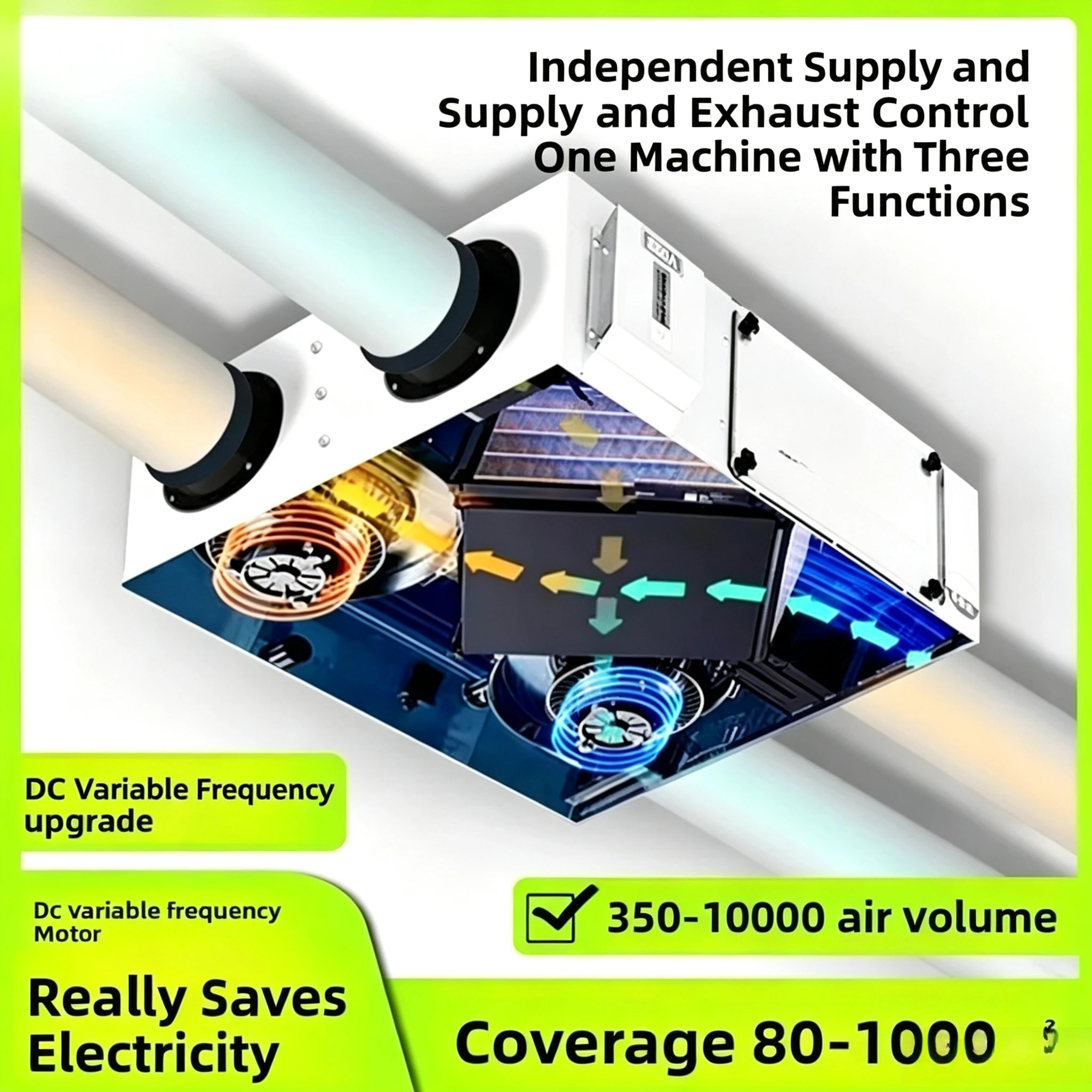 1000CMH Ceiling Bidirectional Full Heat Recovery Ventilator Fresh Air System Commercial Exhaust Fan For Hot Pot Shop