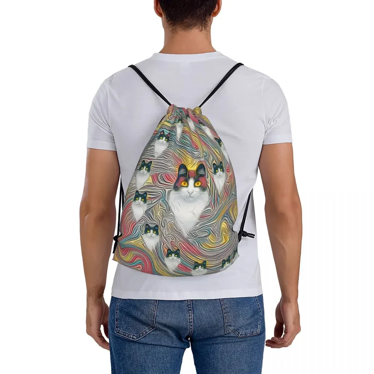 Abstract Fibonacci Cats Backpacks Casual Portable Drawstring Bags Drawstring Bundle Pocket Sports Bag BookBag For Travel School