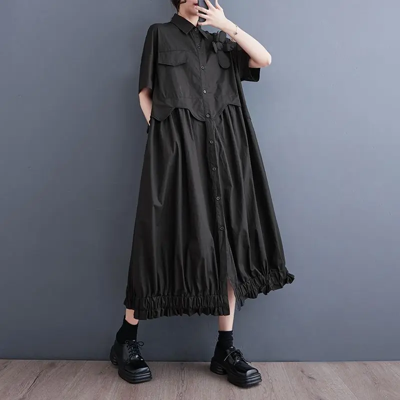 ربيع خمر كم طويل مطوي 2025 المرأة قميص فستان التلبيب الرقبة عطلة ماكسي رداء عادية الصلبة العمل فيستدو رداء طويل Wh54