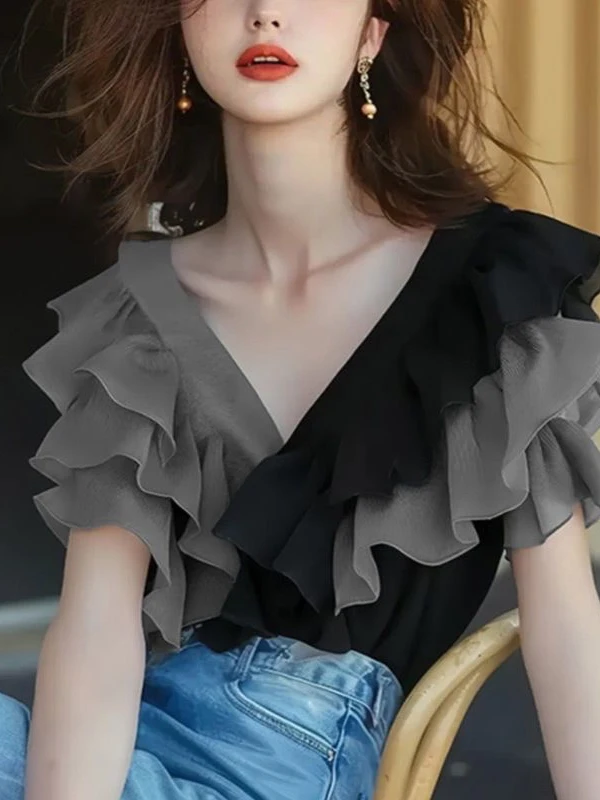 Chic V-Ne ort Sve irt Women's Summer Special Beautiful irt Lovely Small Top Polyester Material Commute Sle