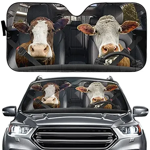 Cow Front Car Windshield Sun Shade Foldable Cover- Blocks UV Rays Sun Visor Protector, Sunshade to Keep Interior Damage Free, Re