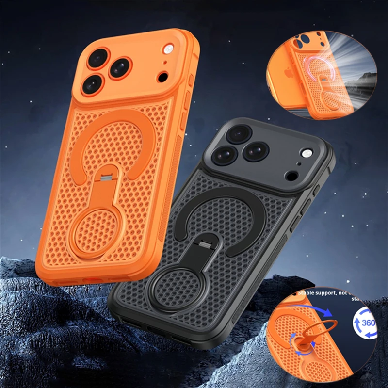 360 °   Drehbarer Ringhalter Magnetische Netz-Wärmeableitungshülle für iPhone 16 15 14 13 12 11 17 Pro Max Air Plus Für Magsafe Cover