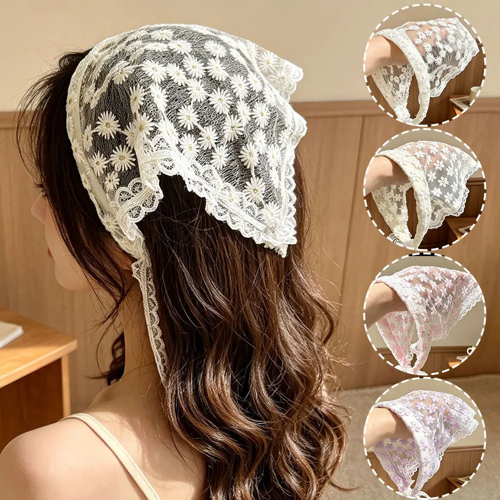 

Elegant Lace Trim Headband Mesh Lace Flower Triangle Scarf Hair Hoop Sweet Lace-up Floral Head Wrap Fashion Hair accessories