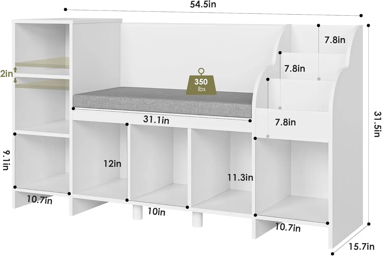 Angolo di lettura per bambini, libreria e libreria per la scuola materna con panca, scaffale per libri con cuscino del sedile e 6 cubi portaoggetti