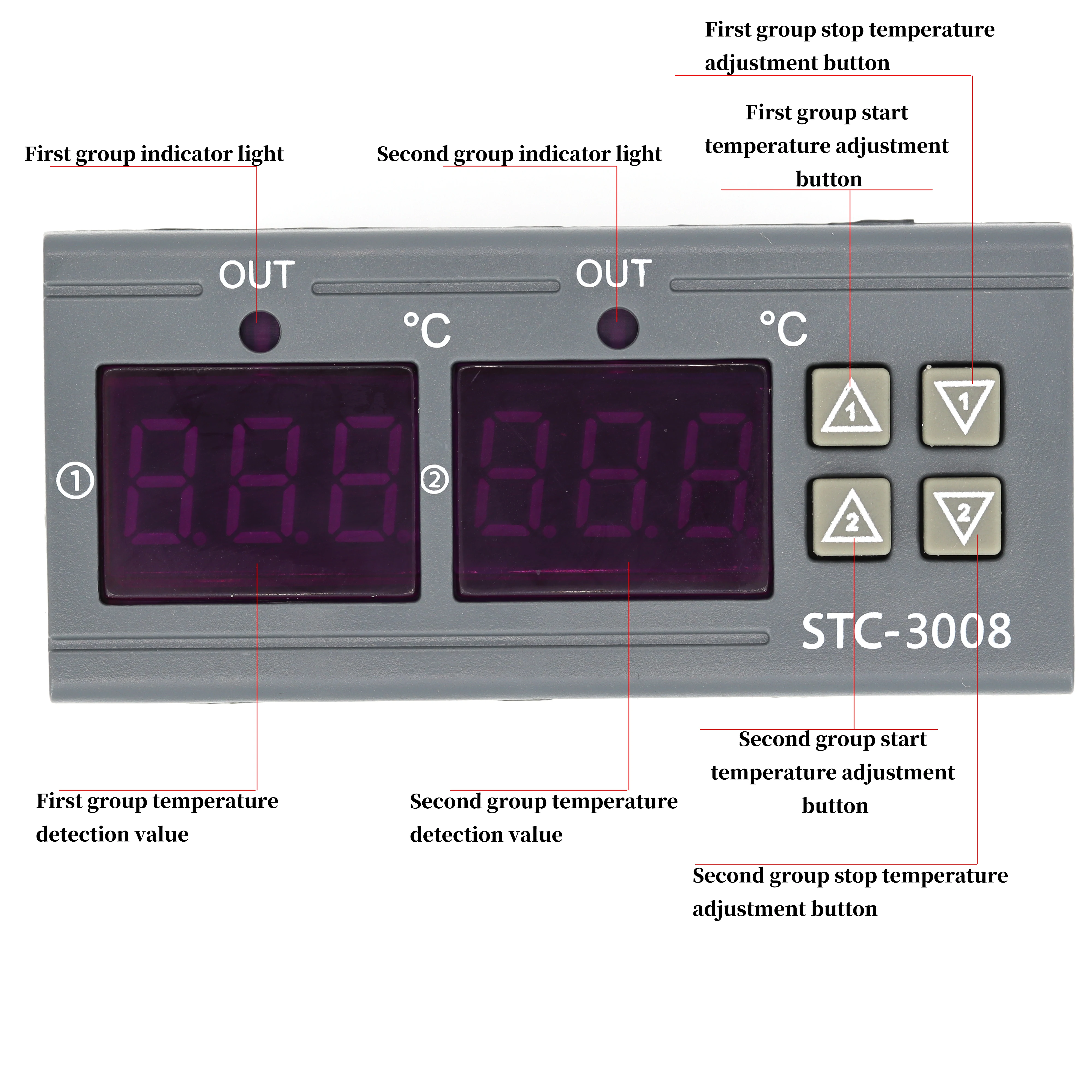 1-10PCS Dual Digital STC-3008 Temperature Controller Two Relay Output Thermostat Heater with NTC10K Probe*2 DC12V/24V/AC220V