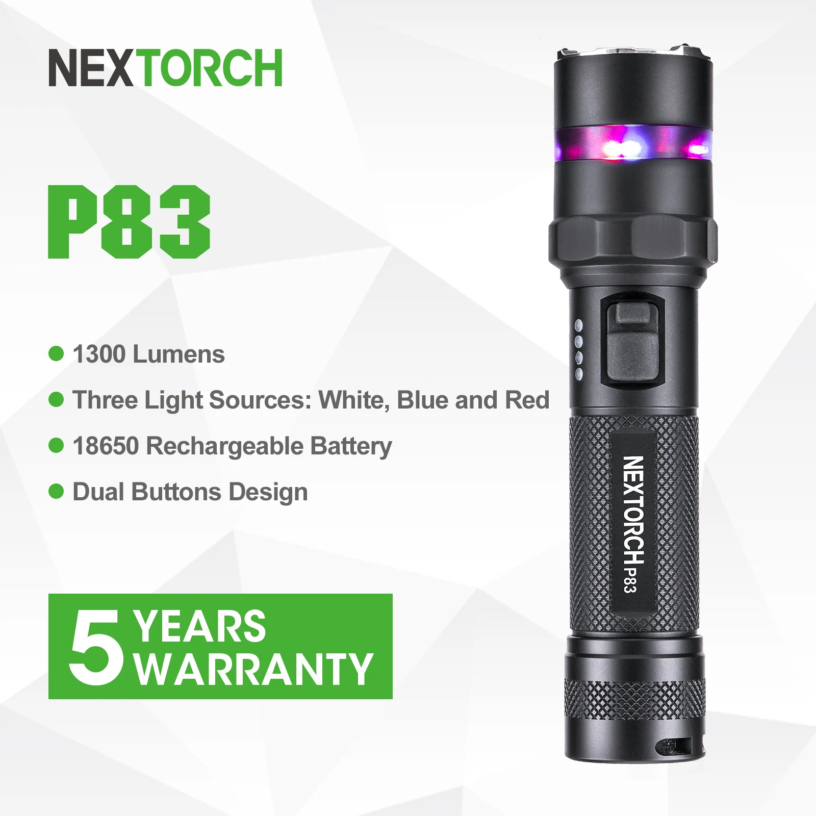 

Nextorch High Power LED Flashlight, Powerful Military Tactical Light, 1300 Lumens Rechargeable LED Torch Light P83