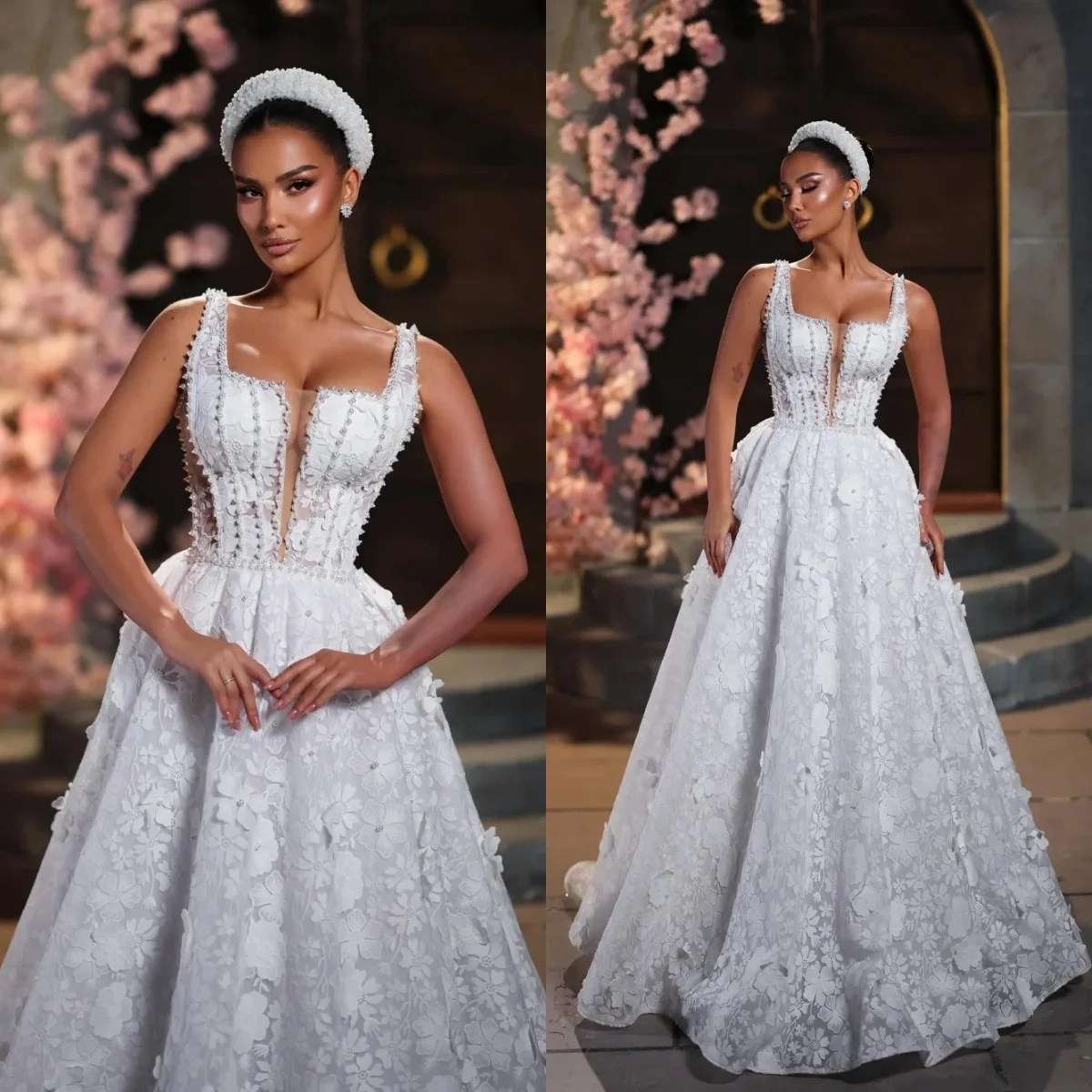 Gorgeous Wedding Dresses Pearls Appliques Bridal Gowns A Line Princess Sleeveless Sweep Train Customized Vestidos De Novia