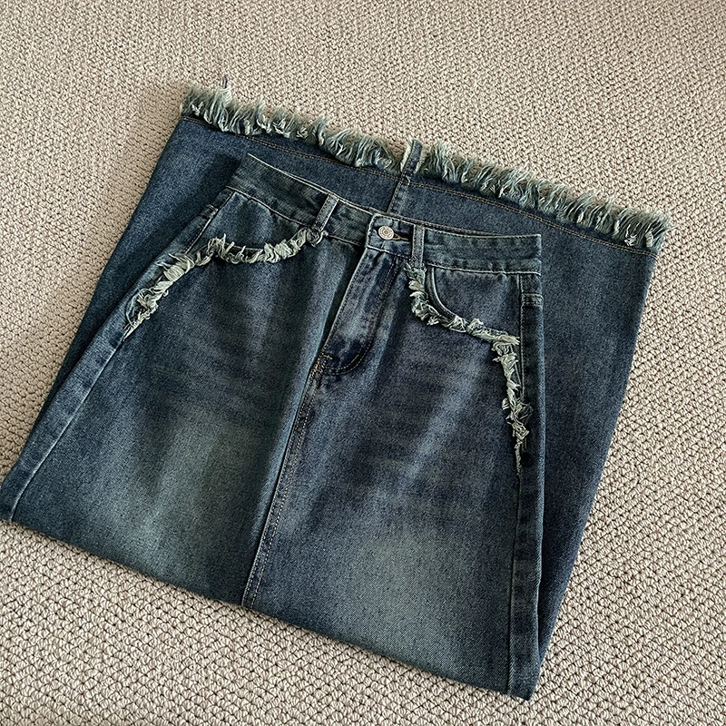 

Retro Washed Raw edge Women‘ s Denim Skirt Autumn Fashion High Waist Slit Slim Fit A-line Skirts Female Versatile Half Skirt