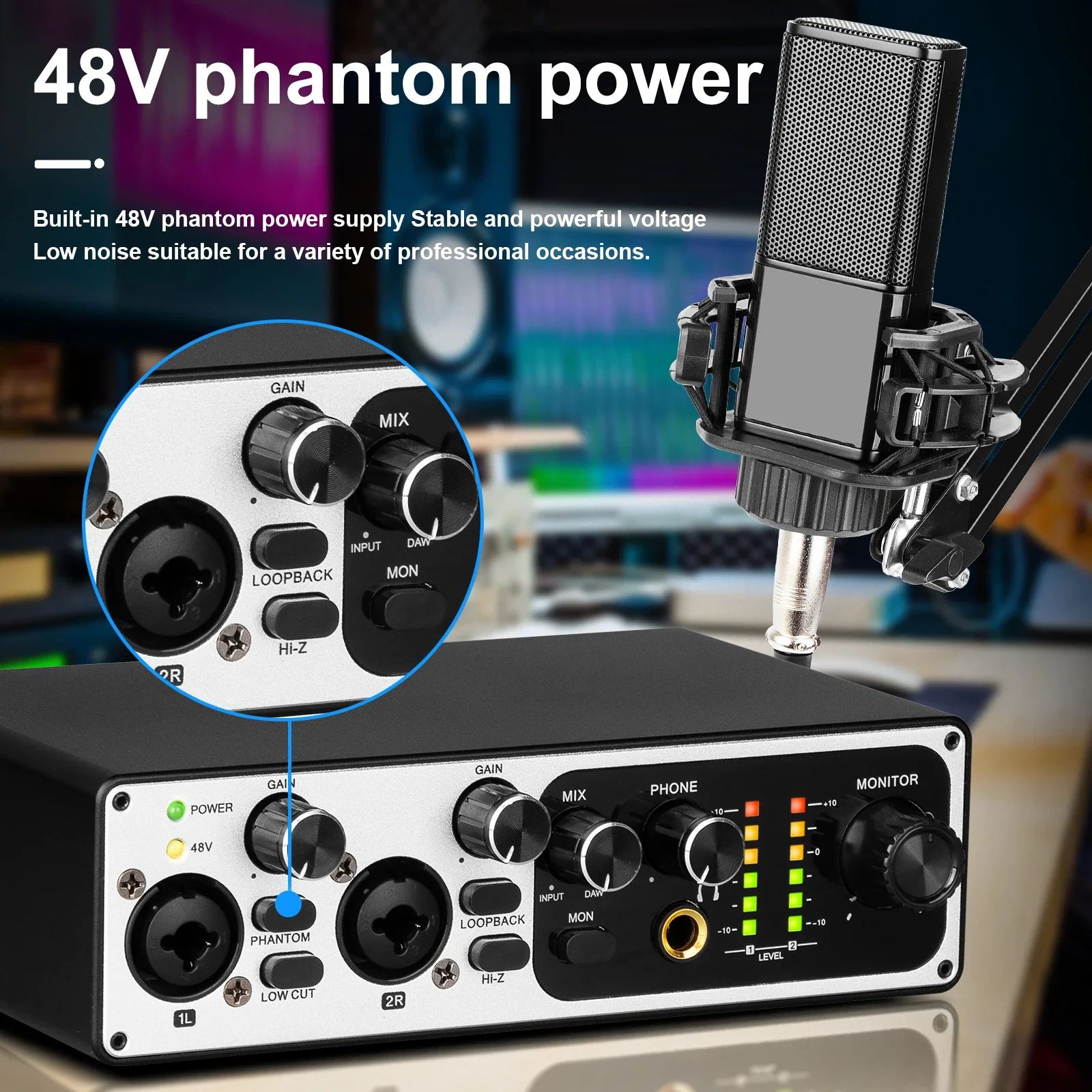 MB22 Aluminum Alloy USB Sound Card Professional 2 Channel Sound Card 24Bit 192Hkz Audio Interface For Live Recording