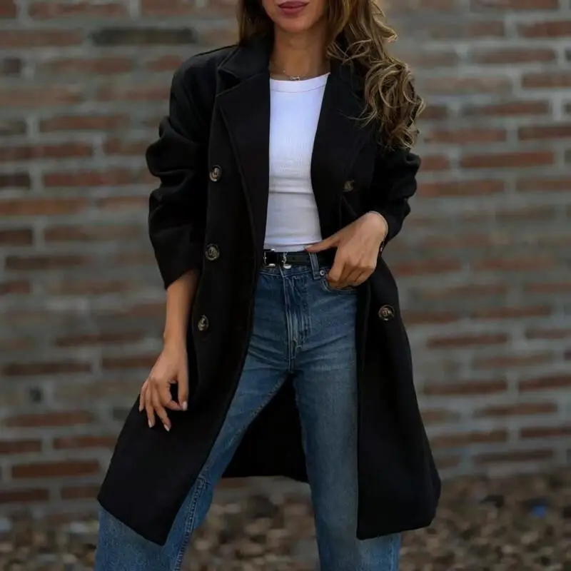 European and American Fashion Temperament Street Style Autumn and Winter Lapel, Three Rows Double Row Button Woolen Coat Jacket