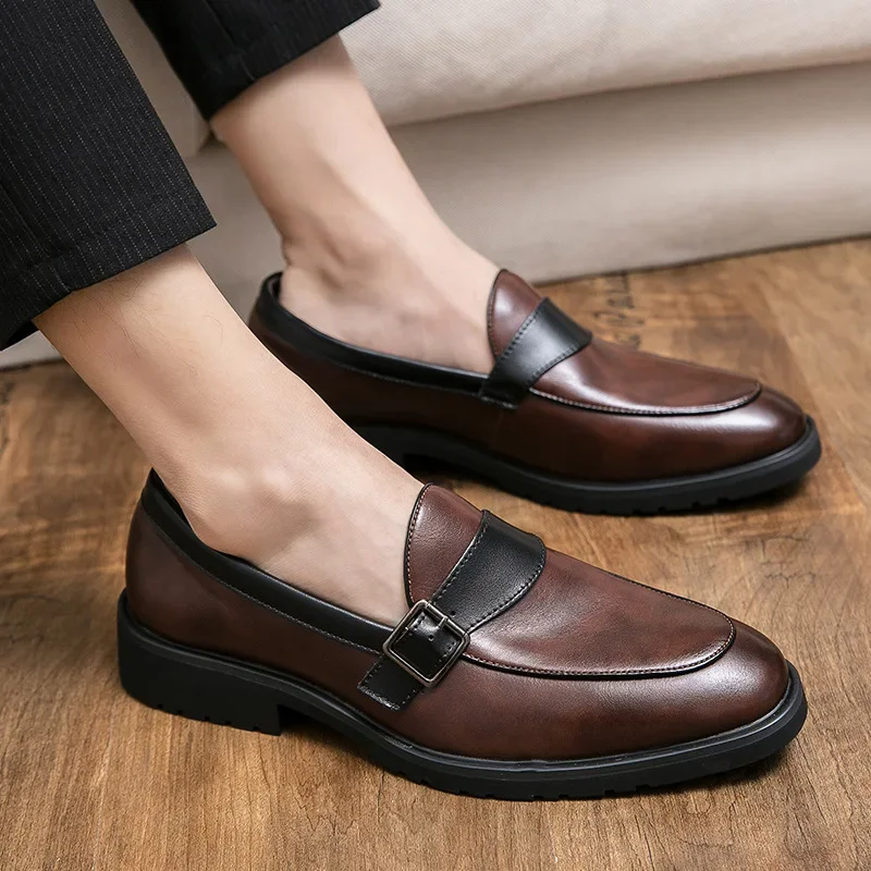 Large Size Buckle Men's Business Casual Leather Shoes Fashion Formal Set Foot Men's Shoes Black Wedding Shoes Loafers PX49