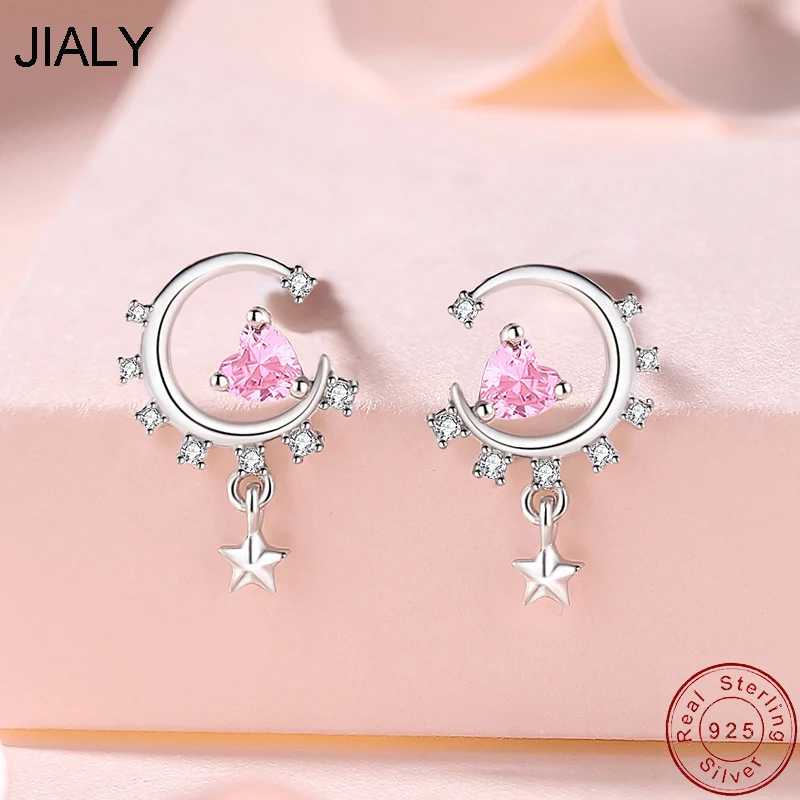 JIALY European 925 Sterling Silver Pink AAA CZ Moon Heat Stud Earrings For Women Birthday Party Gift Jewelry