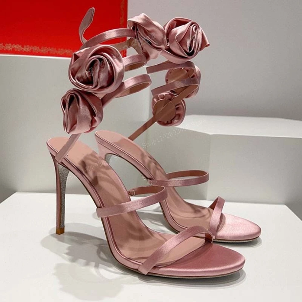 

Pink Satin Rose Flowers Twine Sandals Stiletto High Heel Open Toe Fashion Fashion Sexy Women Shoes 2024 New Zapatos Para Mujere