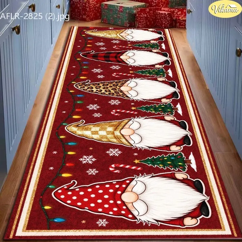 VIKAMA Christmas Runner Rug, Christmas Gnomes Tomte, Candy Canes Snowflakes, Festive Printed, Soft Cozy, Hallway