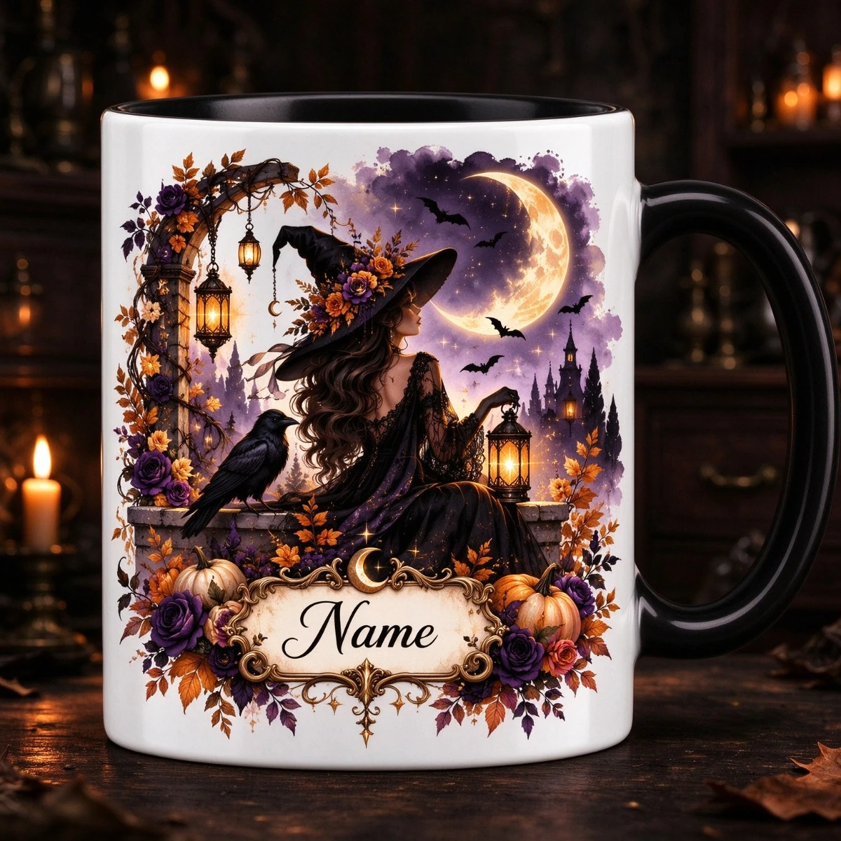 2D 1pc 11oz Personalized Moon Witch Raven Coffee Mug, Halloween Gift for Bestie, Water Cup Hand Wash Only, Microwave Safe
