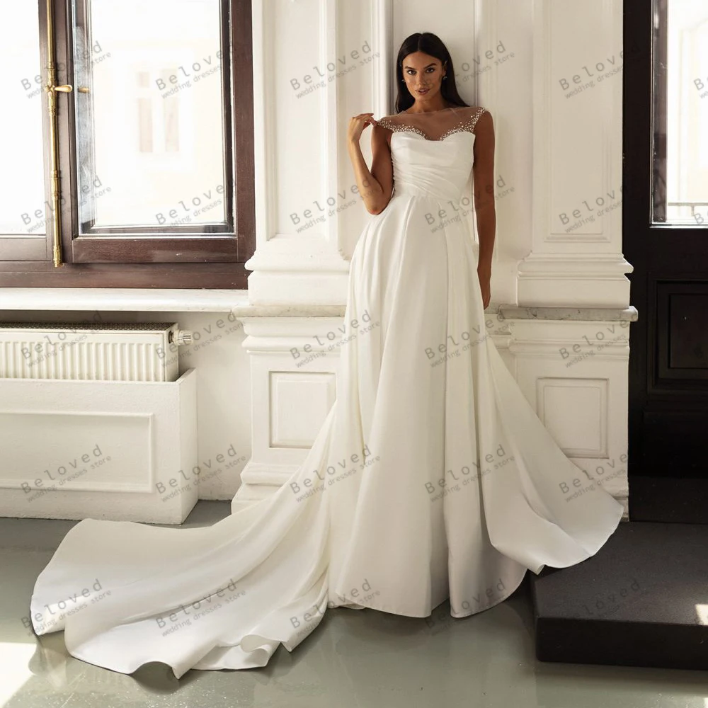 우아한 웨딩 드레스 라인 새틴 신부 가운 레이스 아플리케 민소매 바닥 길이 간단한 베스 티드 드 노비아 맞춤 제작