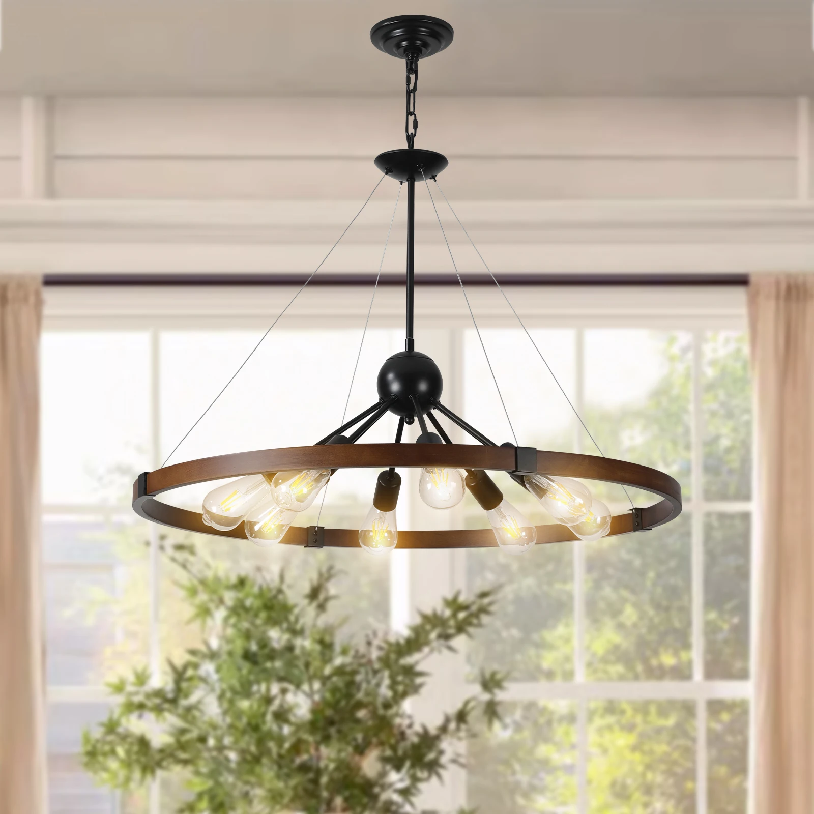 Contemporary Rustic Chandelier Round Wooden Wheel Chandelier Ceiling Lighting Decorative Chandelier For Dining Room Kitchen